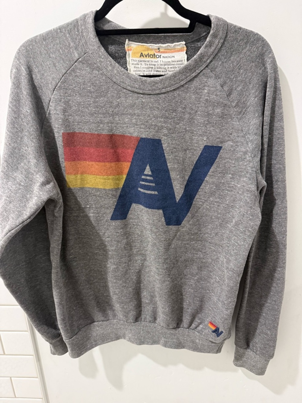 Aviator Nation Gray Crewneck with Blue 'AV' and Retro Stripes